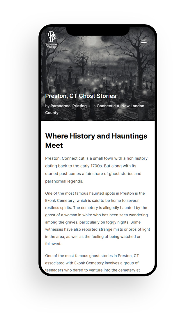 Mockup of a small business website design for Paranormal Printing