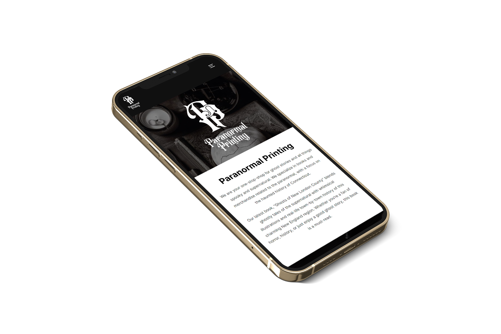 Mockup of a small business mobile website design for Paranormal Printing