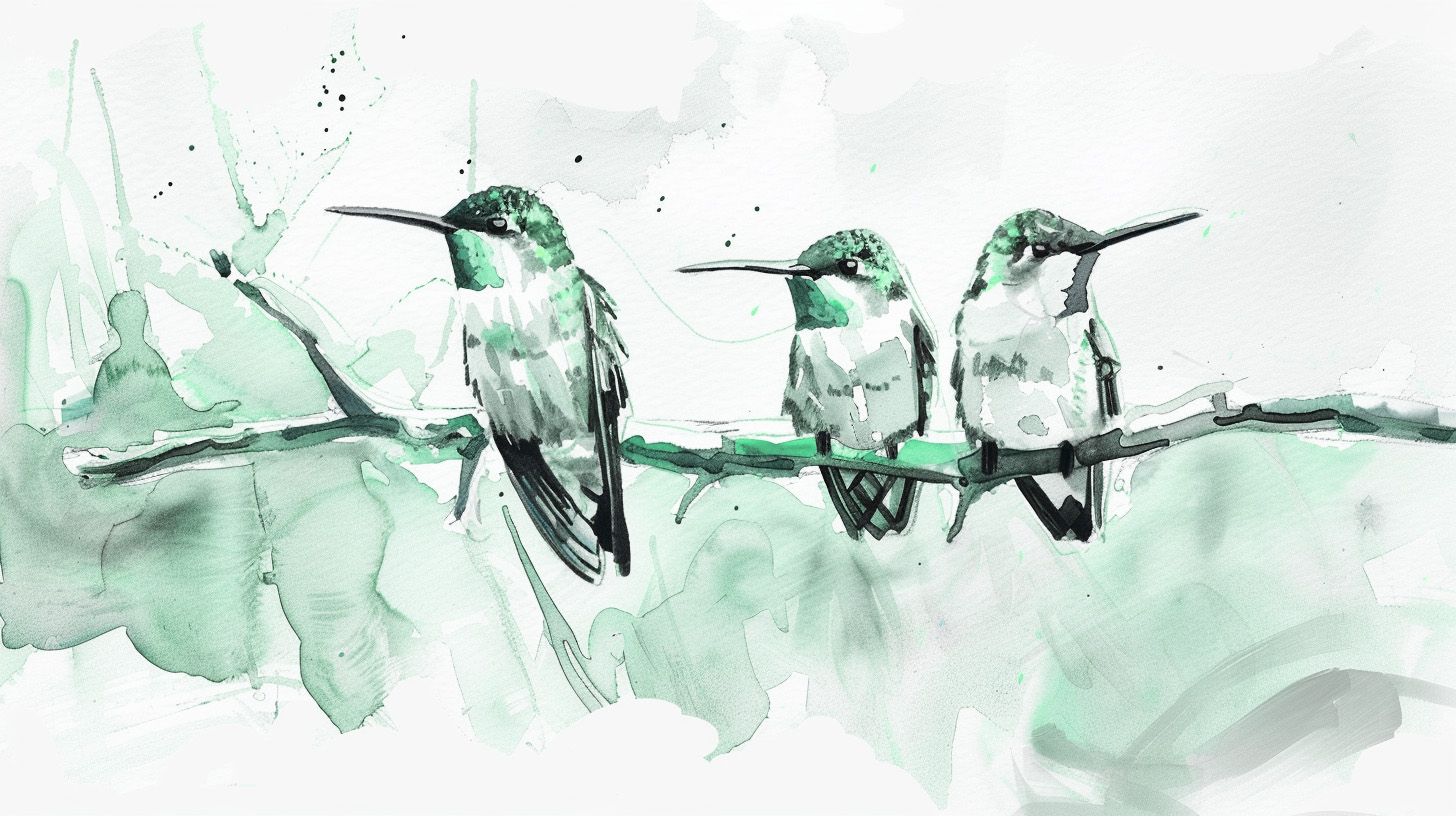 watercolor illustration of three birds perched on a branch