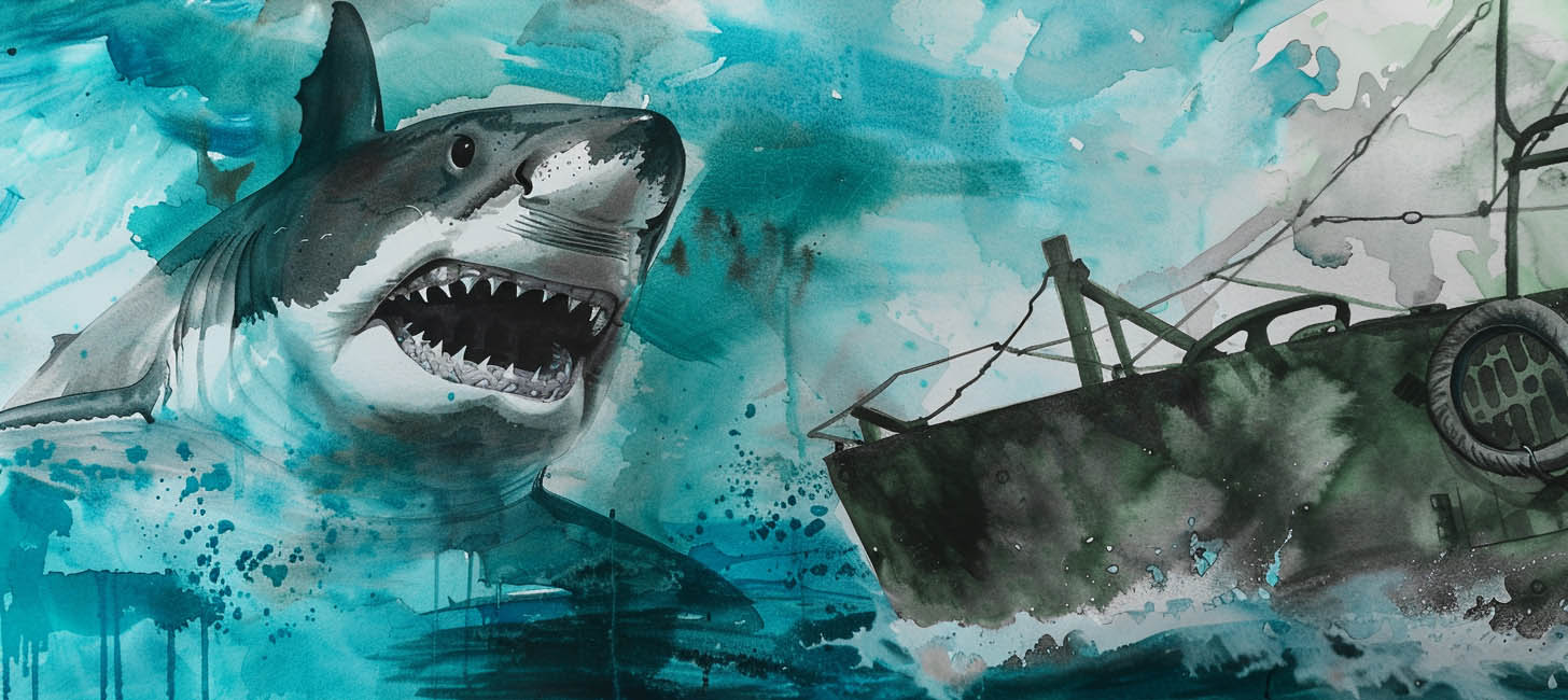 watercolor illustration of a shark attacking a small boat