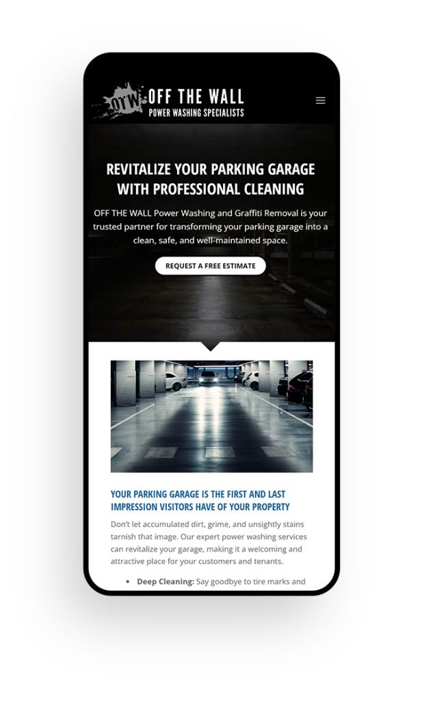 Mockup of a small business mobile website design for Off The Wall Power Washing