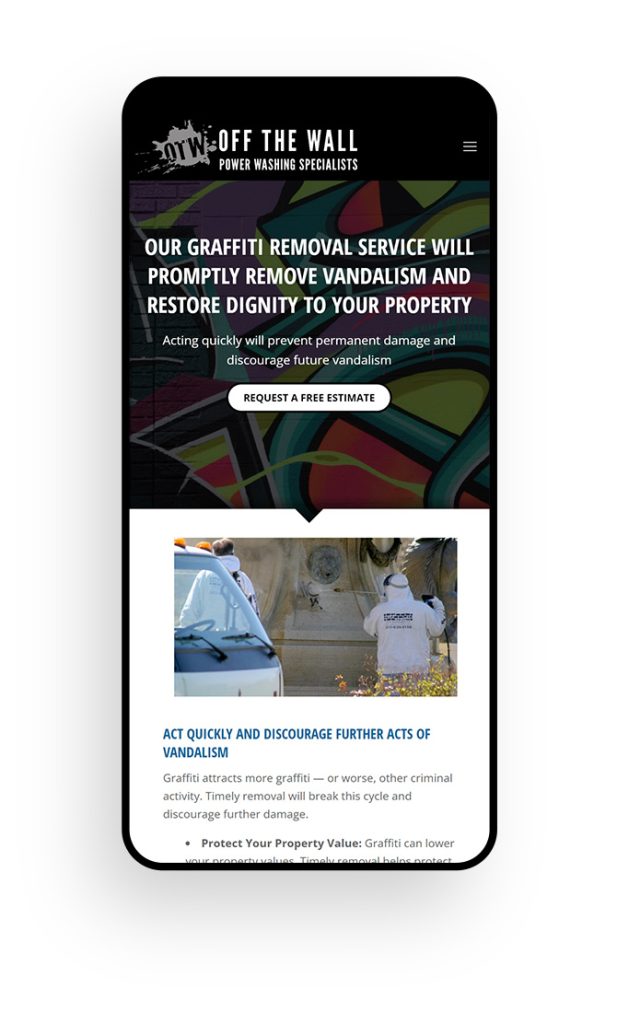 Mockup of a small business mobile website design for Off The Wall Power Washing