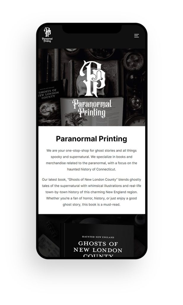 Mockup of a small business mobile website design for Paranormal Printing