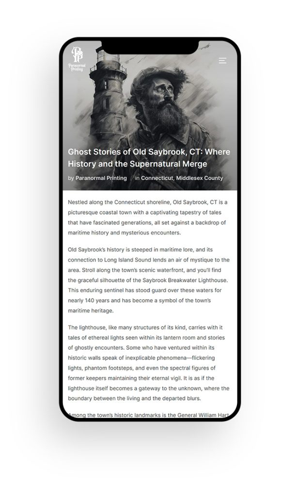 Mockup of a small business mobile website design for Paranormal Printing