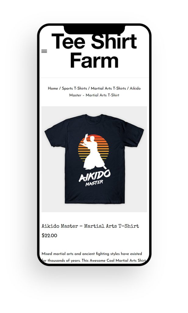 Mockup of a small business ecommerce website design for Tee Shirt Farm