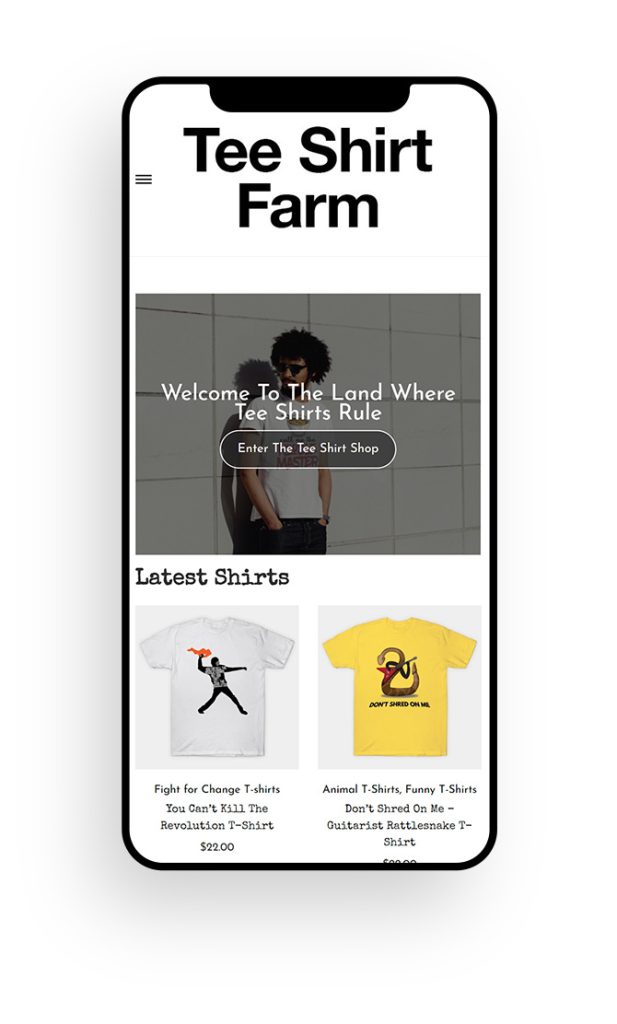 Mockup of a small business ecommerce website design for Tee Shirt Farm