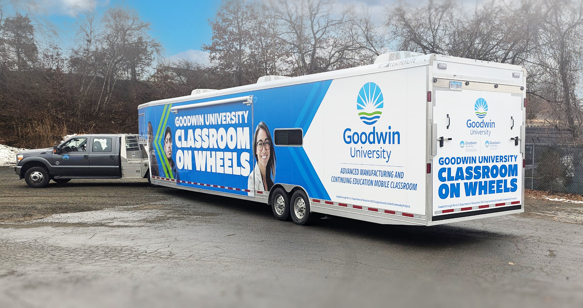 photograph of the completed vehicle wrap design for the Goodwin University Mobile Classroom