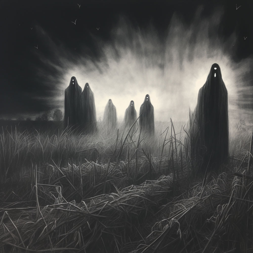 creepy illustration of a group of shadowy phantoms created as part of the book design process for the Paranormal Printing Haunted New England book series