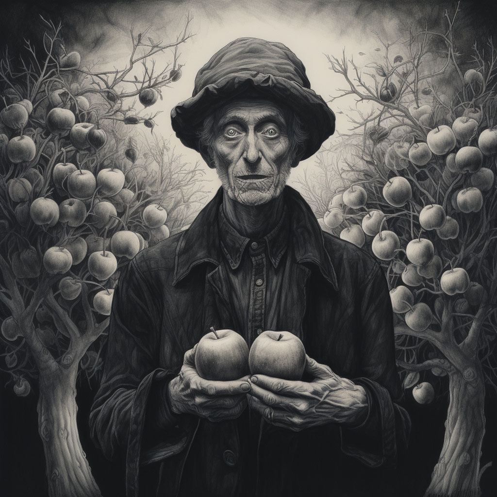 creepy illustration of a creepy orchard keeper created as part of the book design process for the Paranormal Printing Haunted New England book series