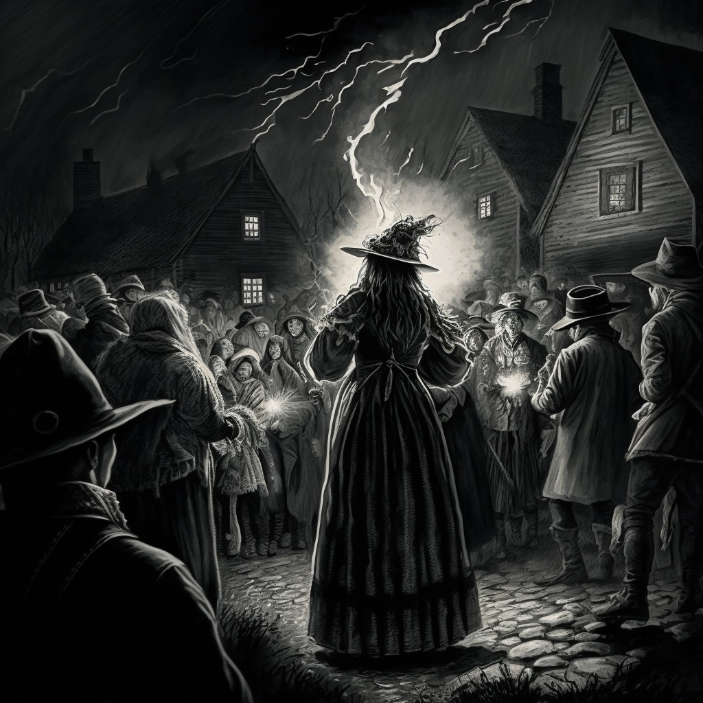 creepy illustration of a witch trial created as part of the book design process for the Paranormal Printing Haunted New England book series