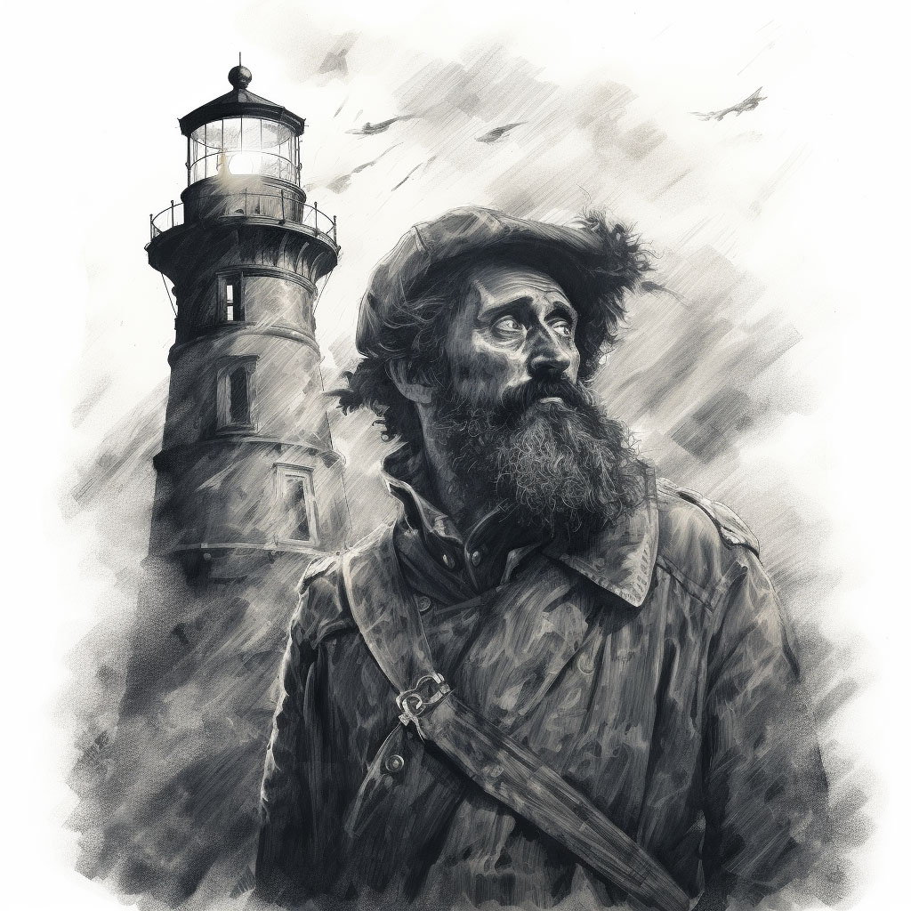 creepy illustration of a ghostly lighthouse keeper created as part of the book design process for the Paranormal Printing Haunted New England book series