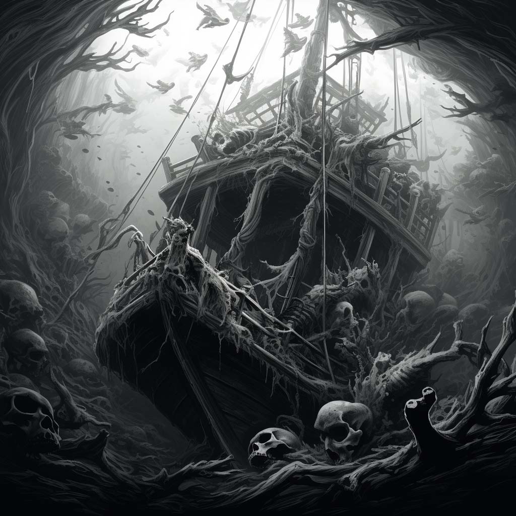 creepy illustration of a sunken ship created as part of the book design process for the Paranormal Printing Haunted New England book series