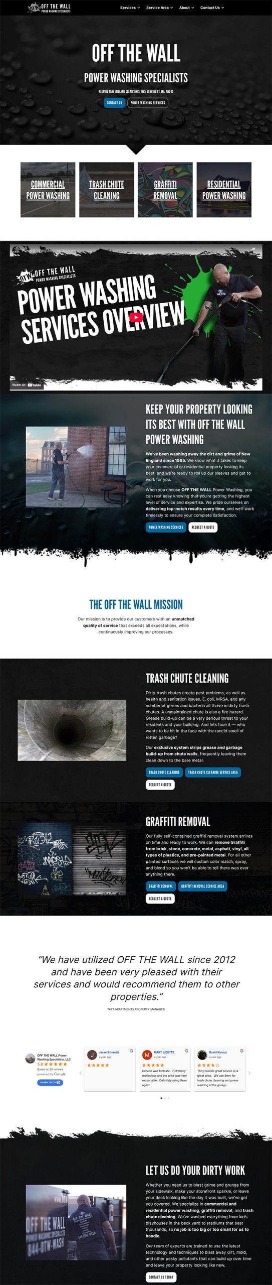 Screenshot showcasing the design of the OFF THE WALL Power Washing website homepage