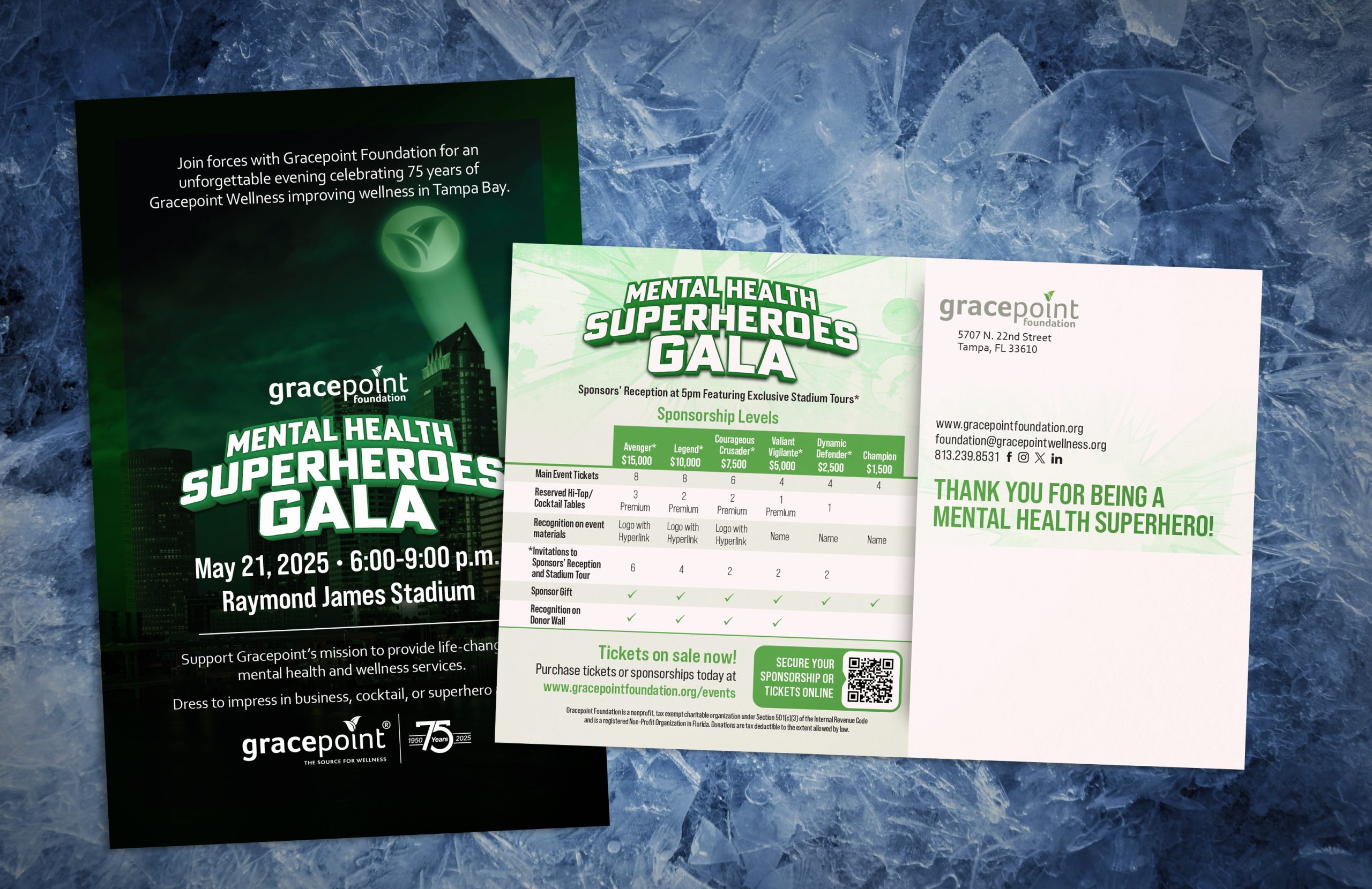mockup showing the final design layouts of the Superheroes Gala postcard invitation